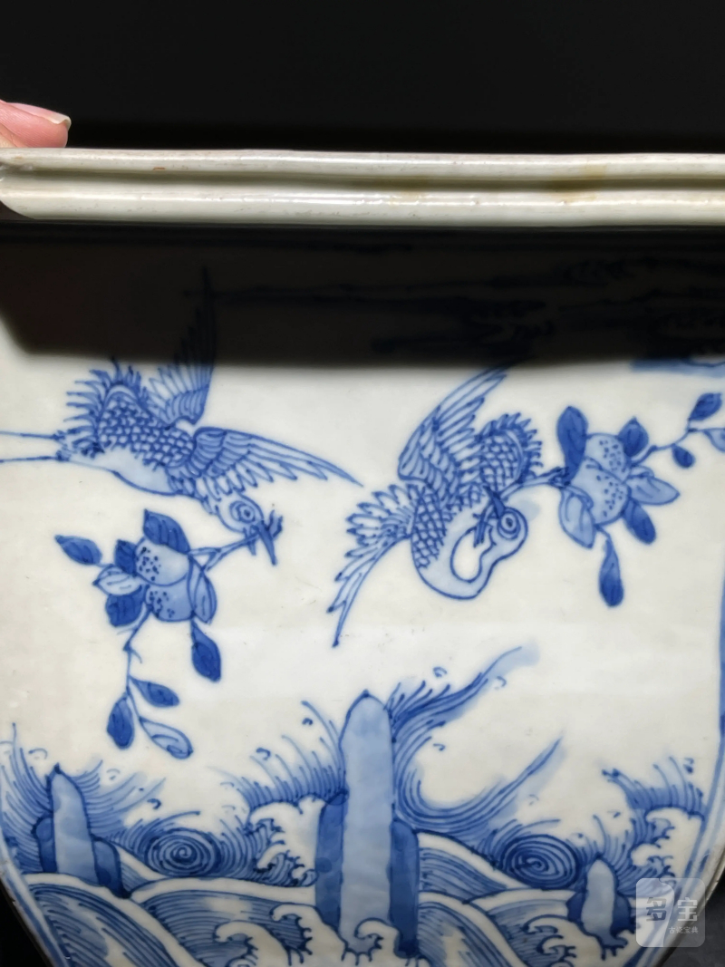 清康熙 青花贺寿图四方倭角花盆 - 图6